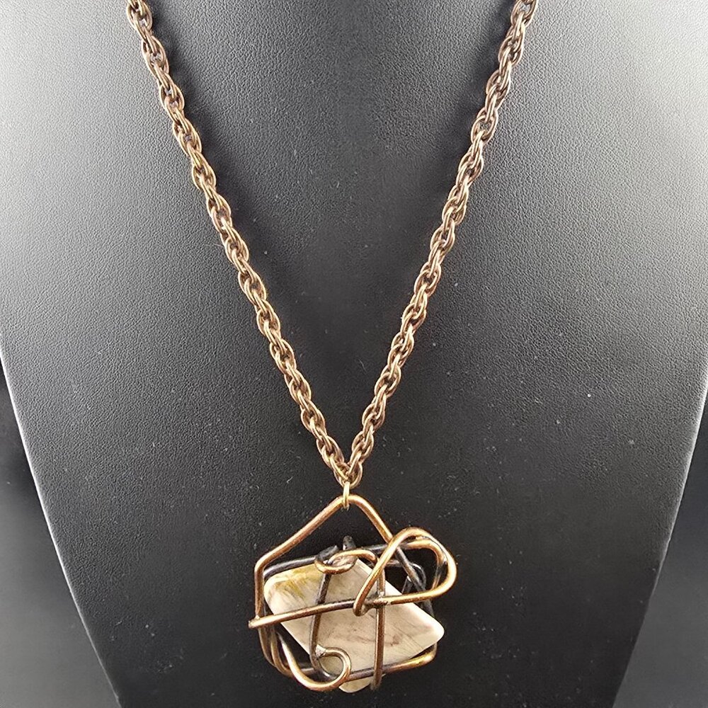 Vintage Copper Wire Wrapped Pendant Necklace W/ Stone Center & Chain By Kim - Picture 5 of 10